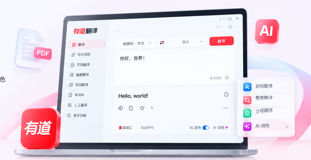 有道翻译 Windows 桌面软件界面示意图